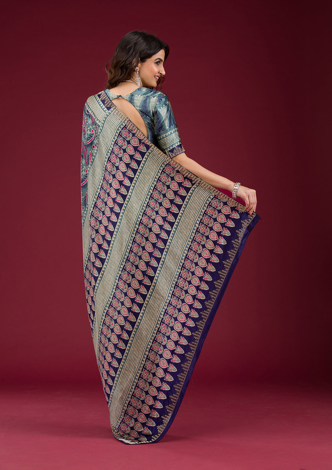 Navy Blue Printed Silk Saree