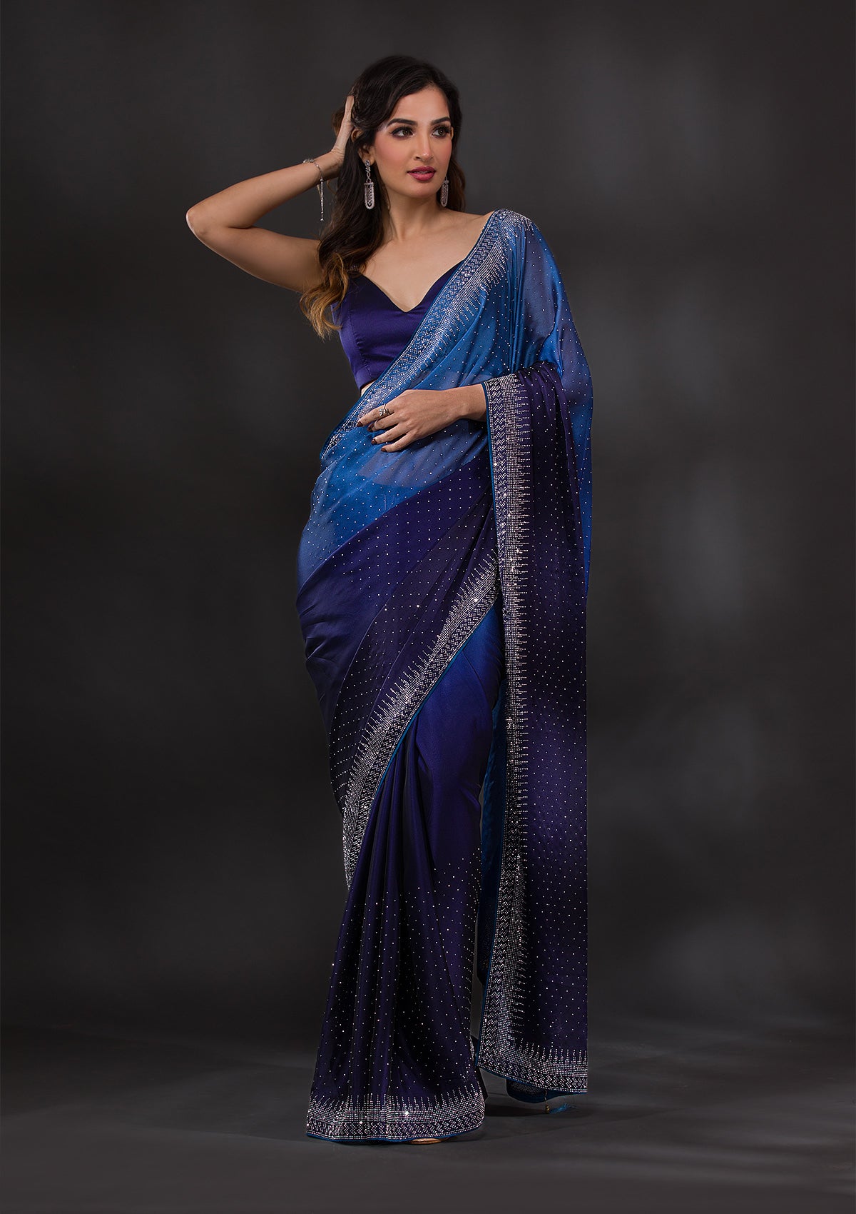 Navy Blue Swarovski Semi Crepe Designer Saree-Koskii