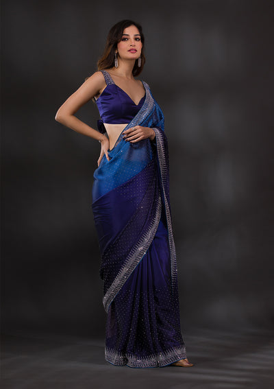 Navy Blue Swarovski Semi Crepe Designer Saree-Koskii