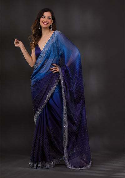 Navy Blue Swarovski Semi Crepe Designer Saree-Koskii