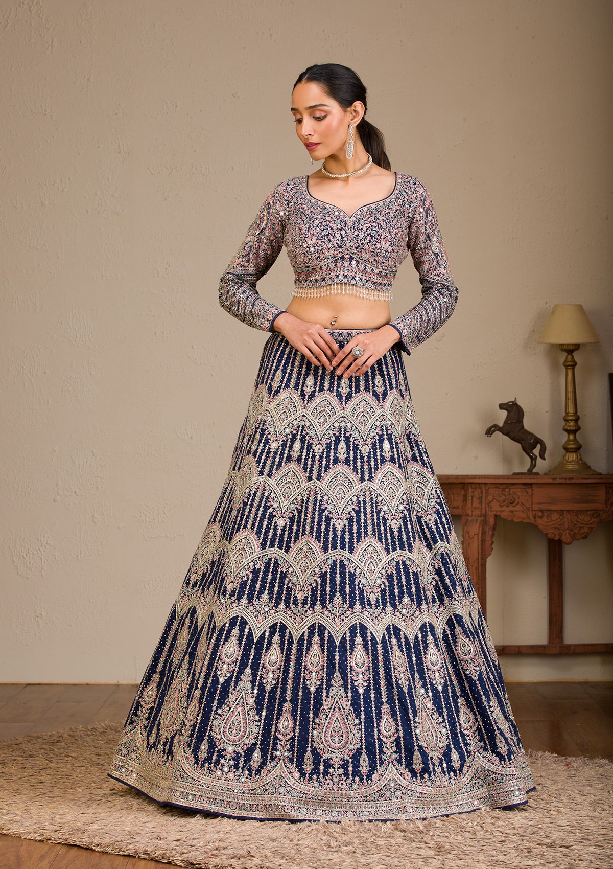 Navy Blue Zariwork Net Readymade Lehenga