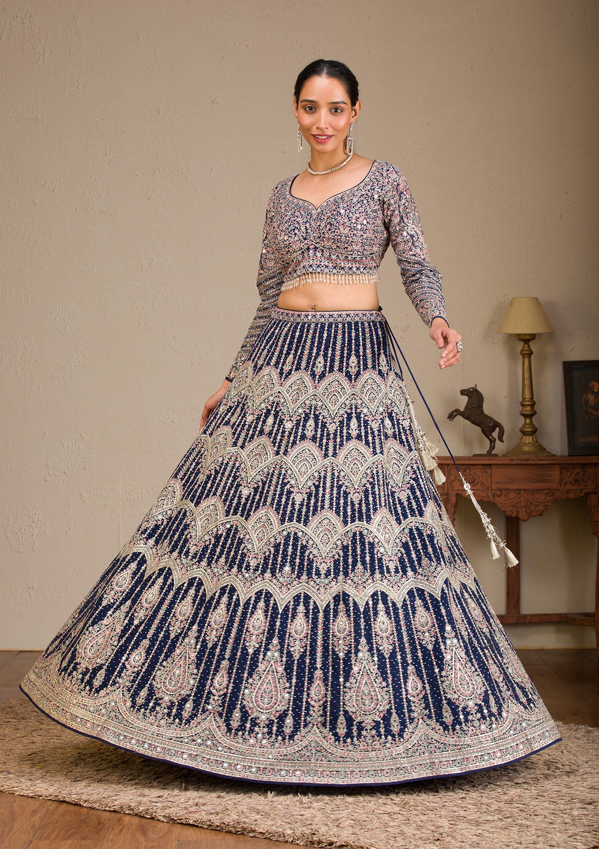 Navy Blue Zariwork Net Readymade Lehenga