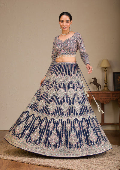 Navy Blue Zariwork Net Readymade Lehenga
