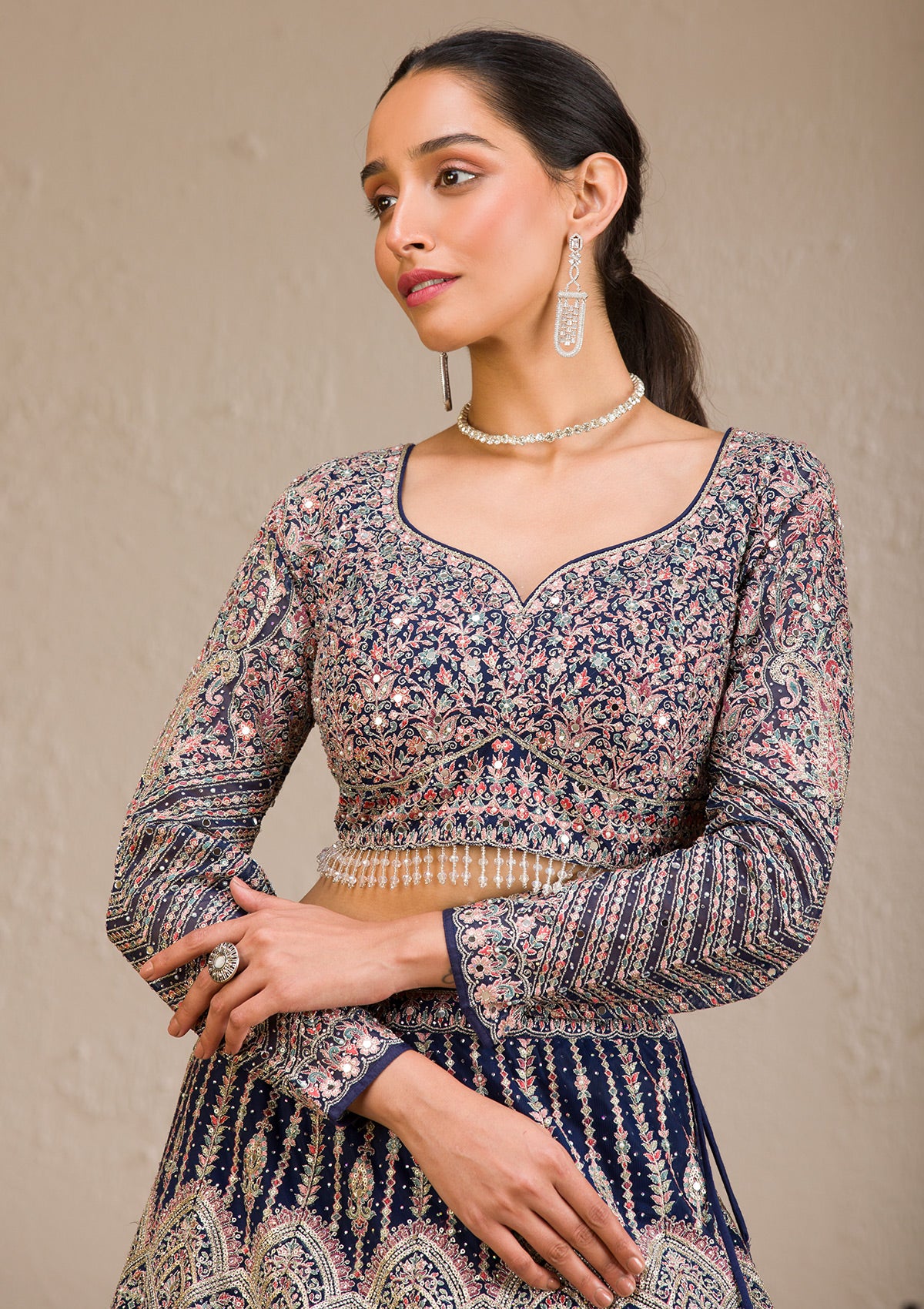 Navy Blue Zariwork Net Readymade Lehenga