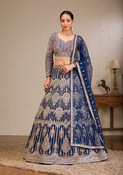 Navy Blue Zariwork Net Readymade Lehenga