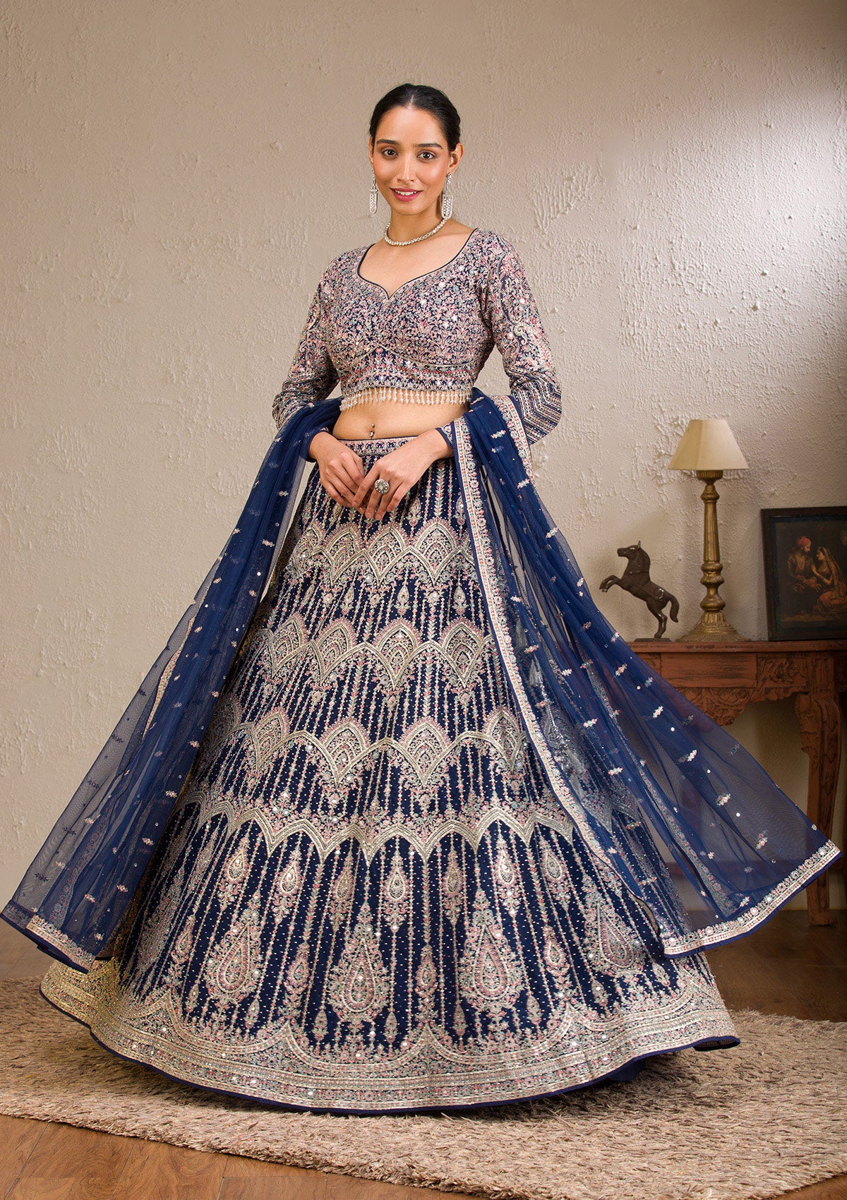 Navy Blue Zariwork Net Readymade Lehenga