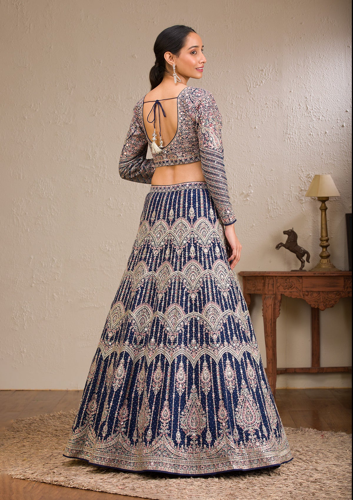 Navy Blue Zariwork Net Readymade Lehenga