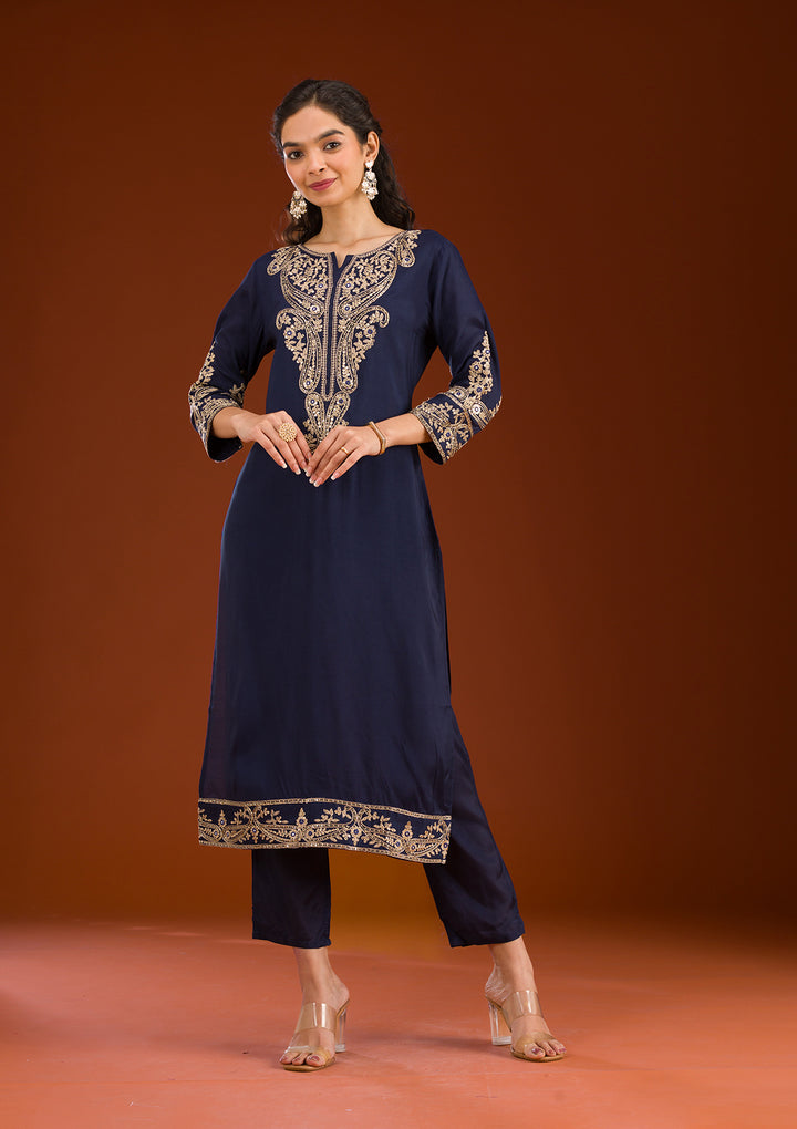 Navy Blue Zariwork Semi Crepe Readymade Salwar Suit