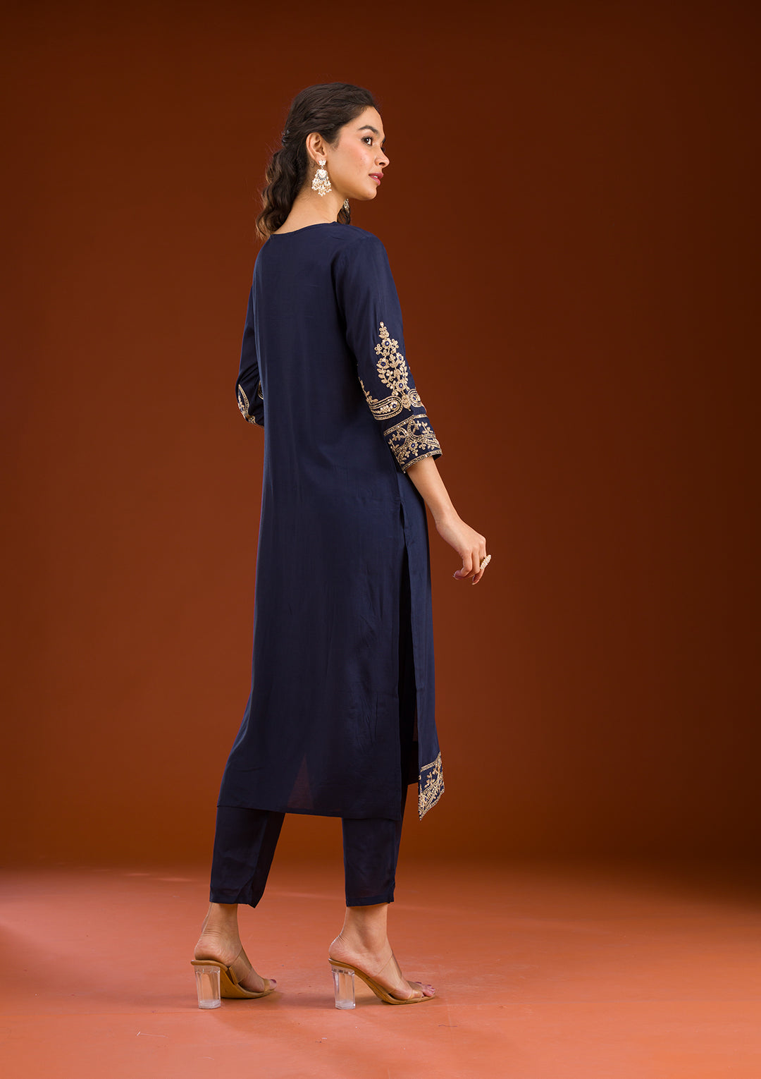 Navy Blue Zariwork Semi Crepe Readymade Salwar Suit