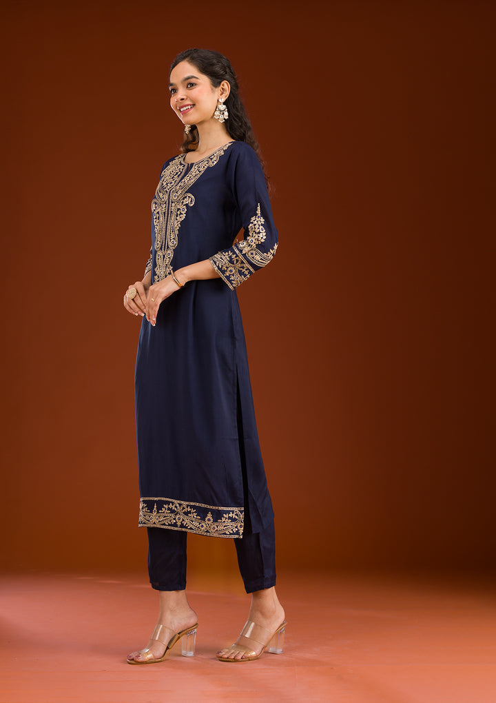 Navy Blue Zariwork Semi Crepe Readymade Salwar Suit