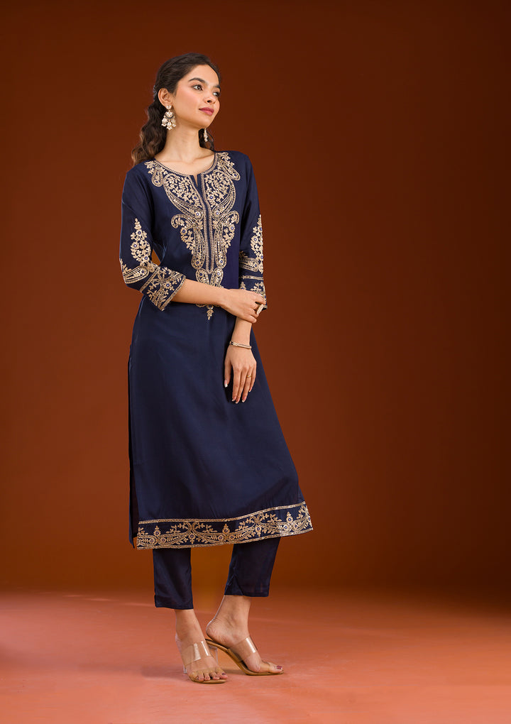 Navy Blue Zariwork Semi Crepe Readymade Salwar Suit