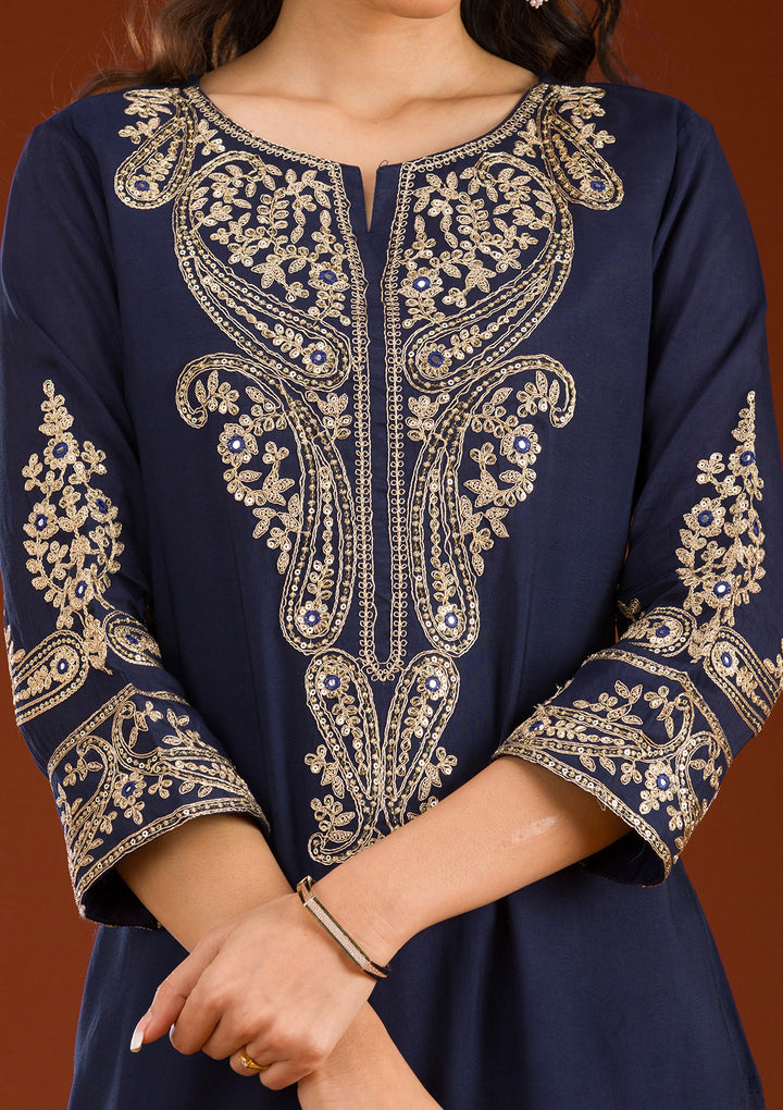 Navy Blue Zariwork Semi Crepe Readymade Salwar Suit