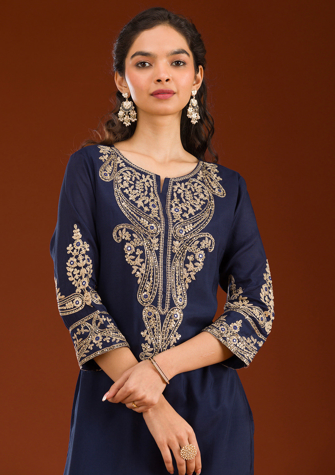 Navy Blue Zariwork Semi Crepe Readymade Salwar Suit