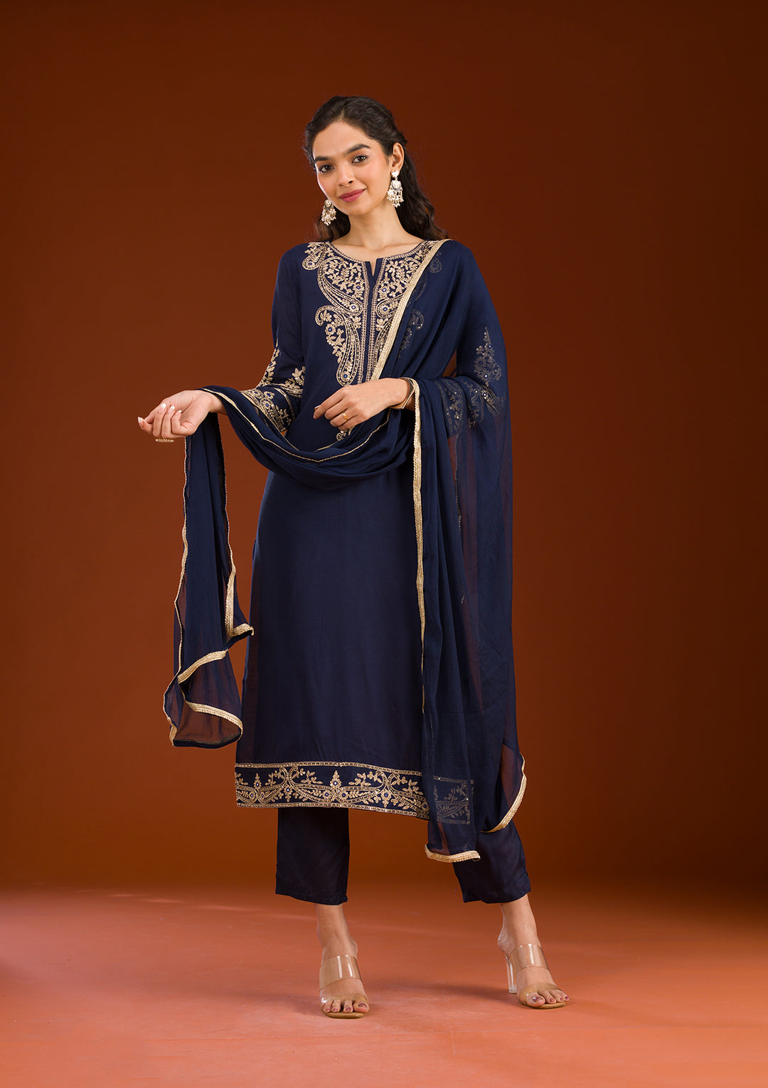 Navy Blue Zariwork Semi Crepe Readymade Salwar Suit