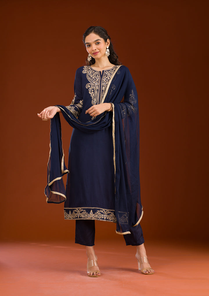 Navy Blue Zariwork Semi Crepe Readymade Salwar Suit