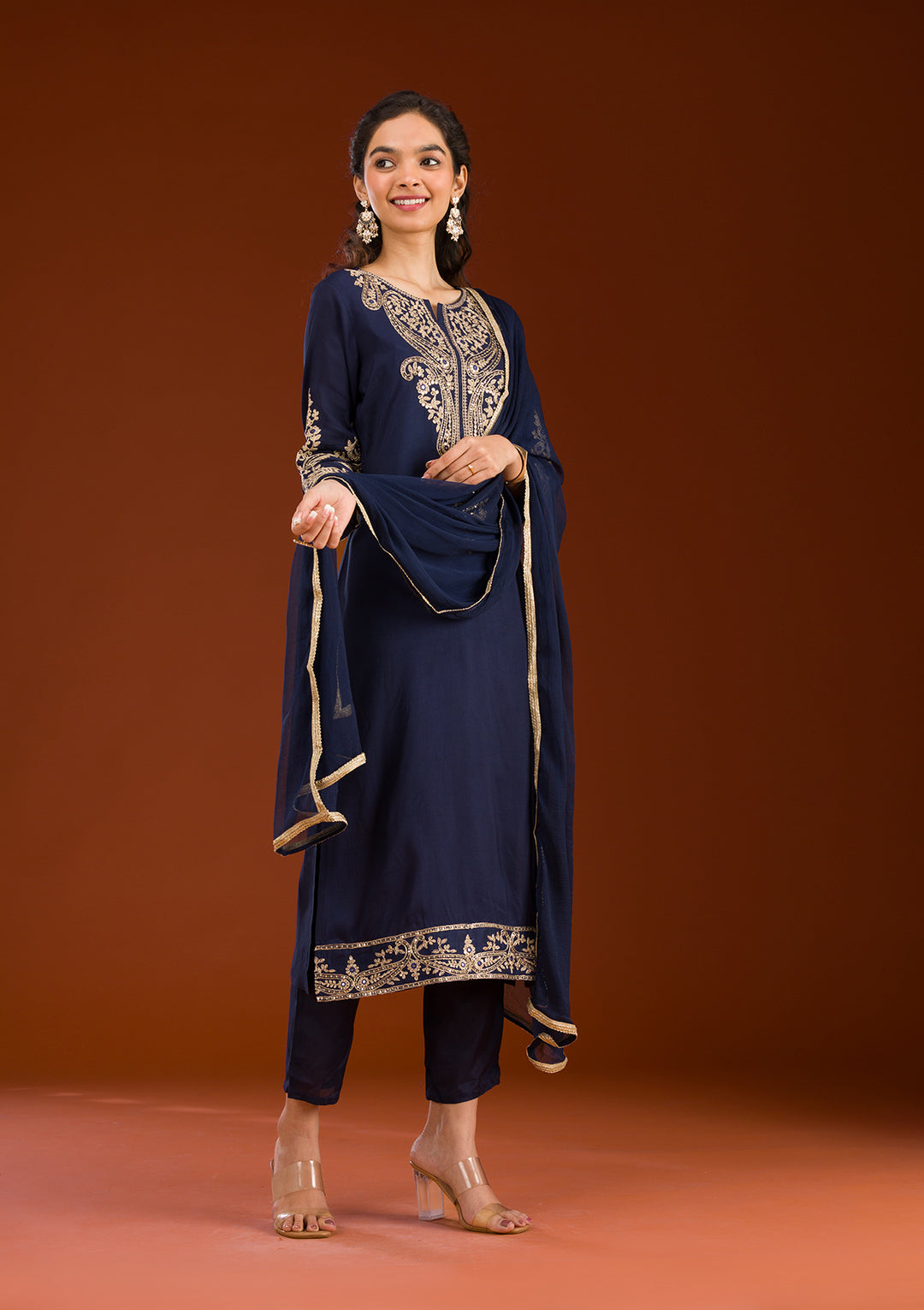 Navy Blue Zariwork Semi Crepe Readymade Salwar Suit