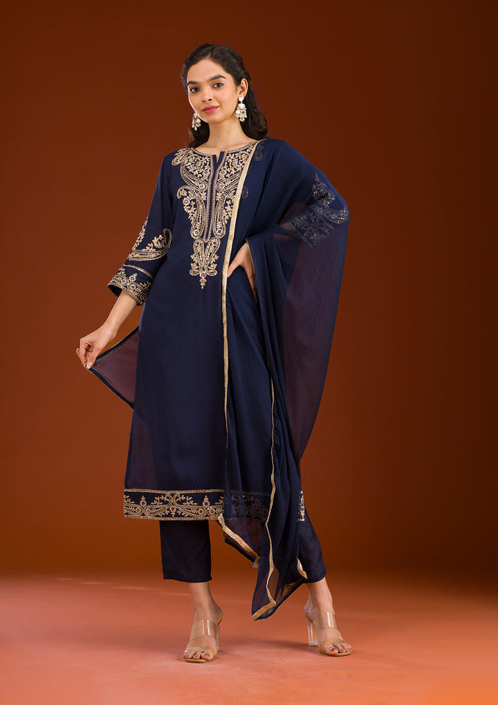 Navy Blue Zariwork Semi Crepe Readymade Salwar Suit