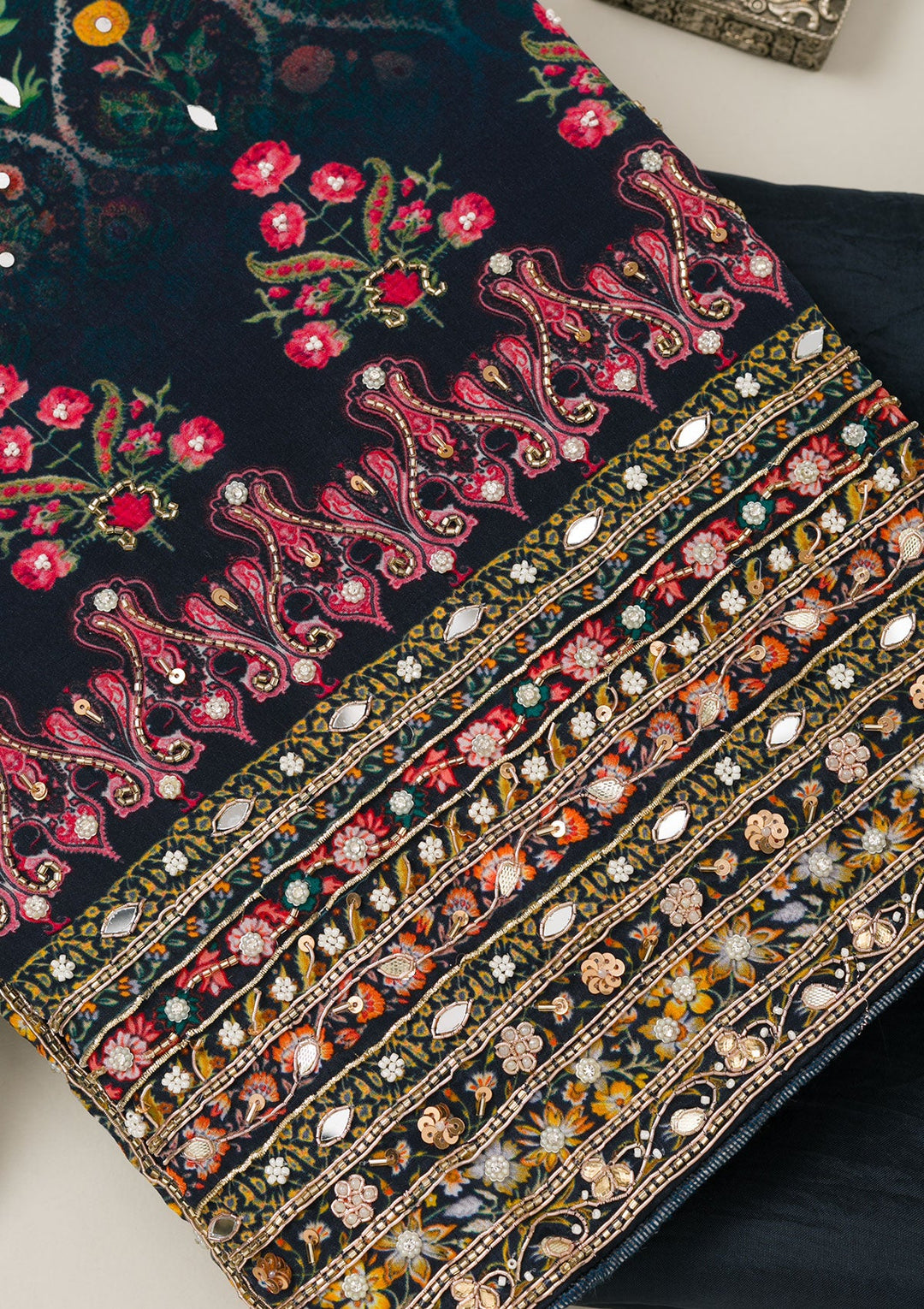 Navy Blue Cutdana Crepe Unstitched Salwar Suit-Koskii