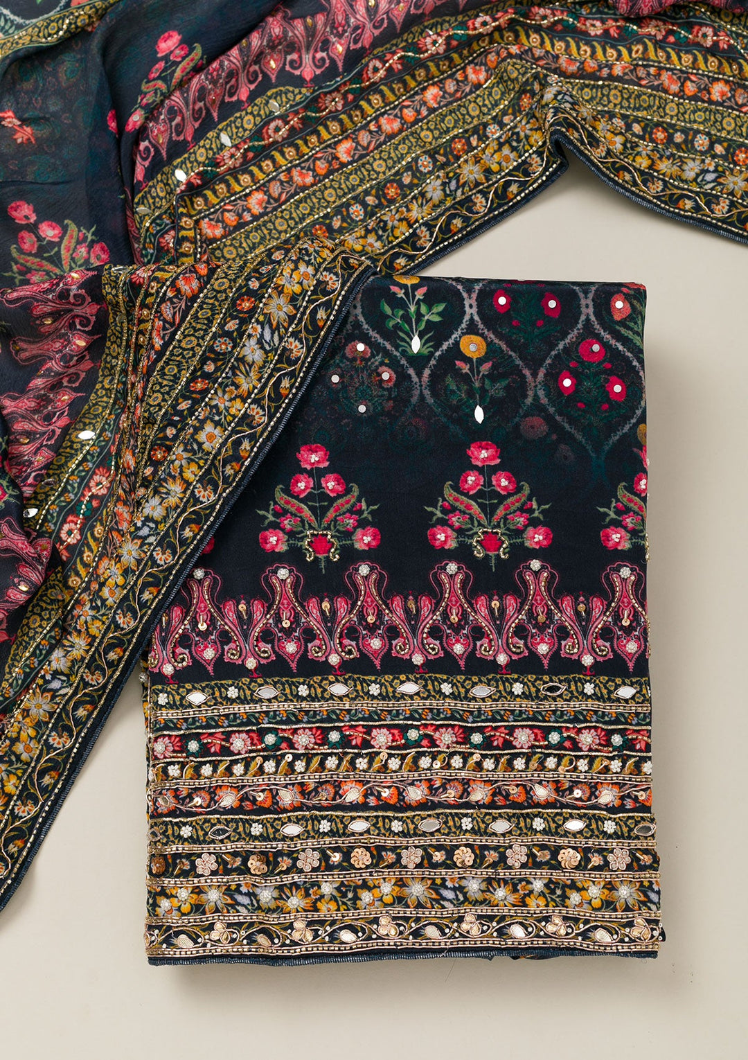 Navy Blue Cutdana Crepe Unstitched Salwar Suit-Koskii