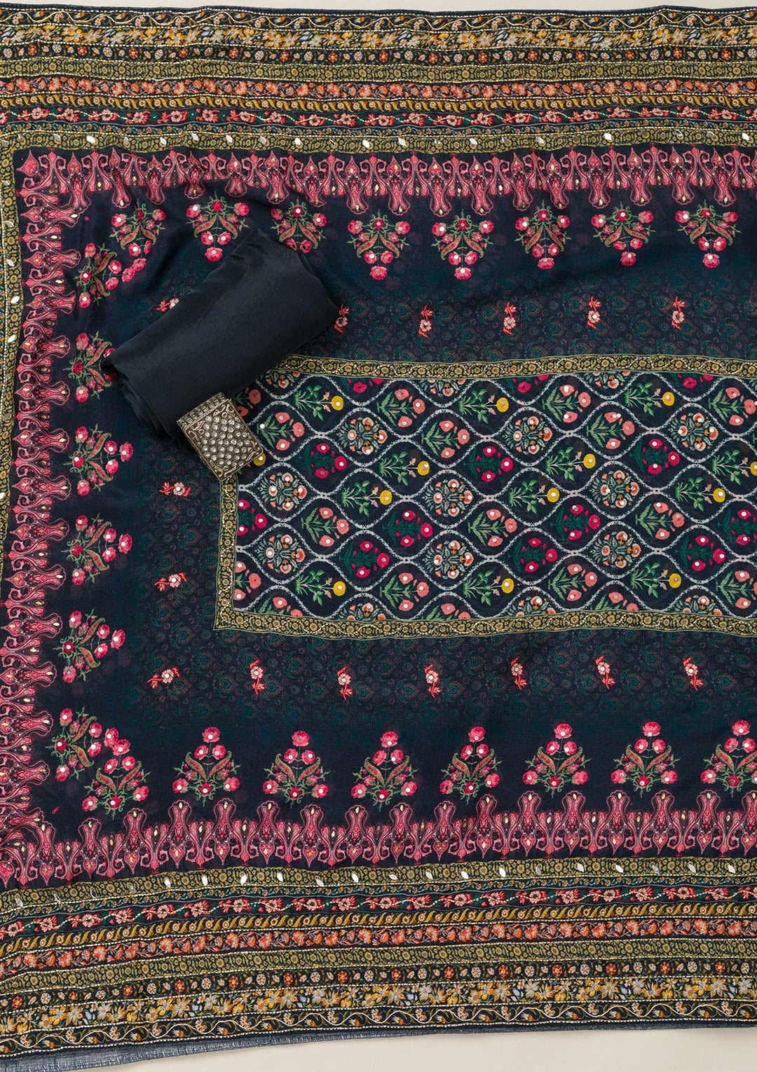 Navy Blue Cutdana Crepe Unstitched Salwar Suit-Koskii