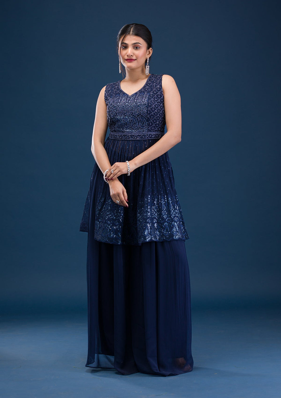 Navy Blue Cutdana Georgette Readymade Salwar Suit-Koskii