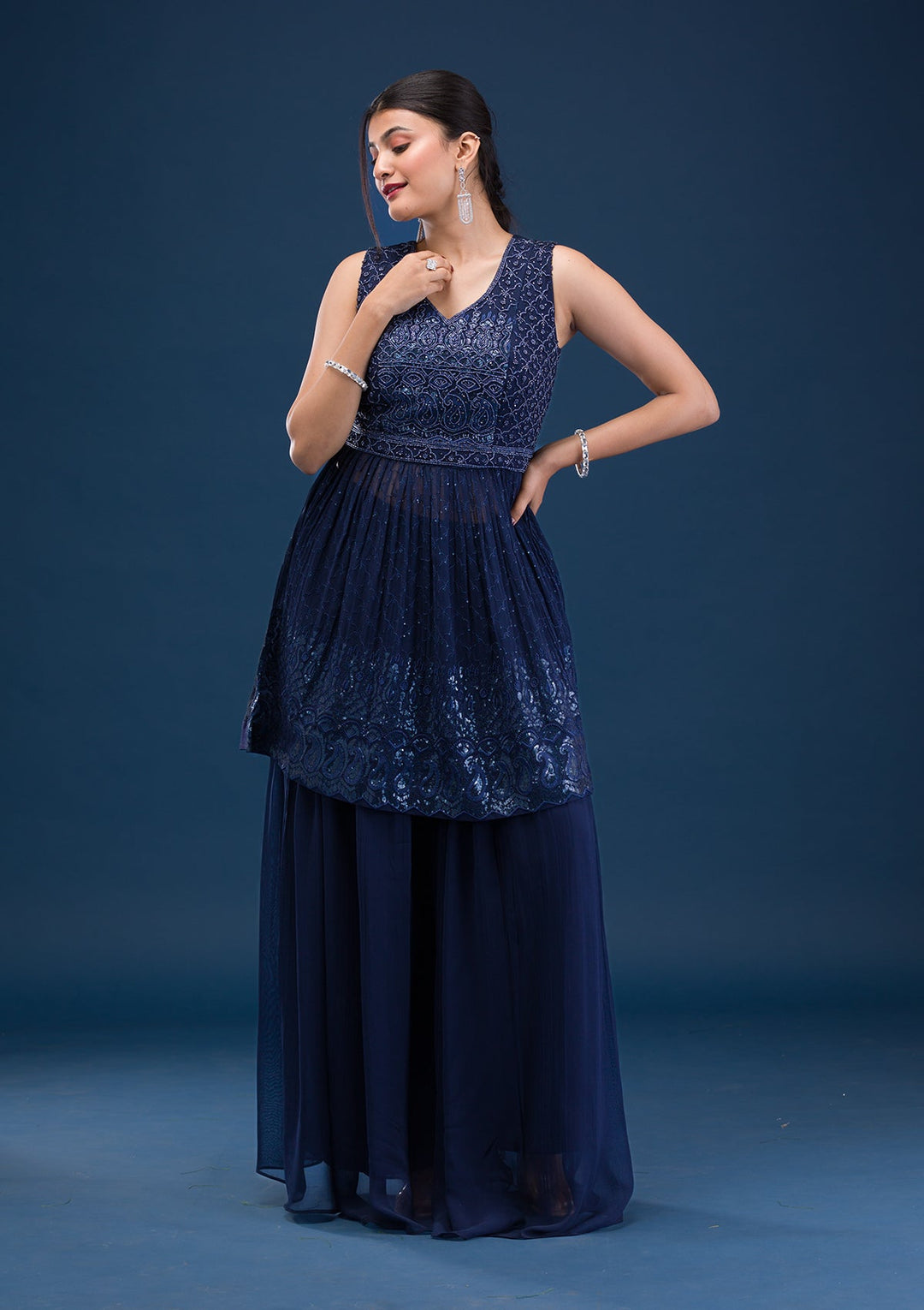 Navy Blue Cutdana Georgette Readymade Salwar Suit-Koskii