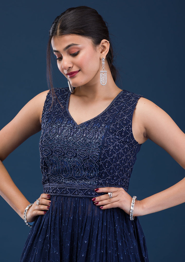 Navy Blue Cutdana Georgette Readymade Salwar Suit-Koskii
