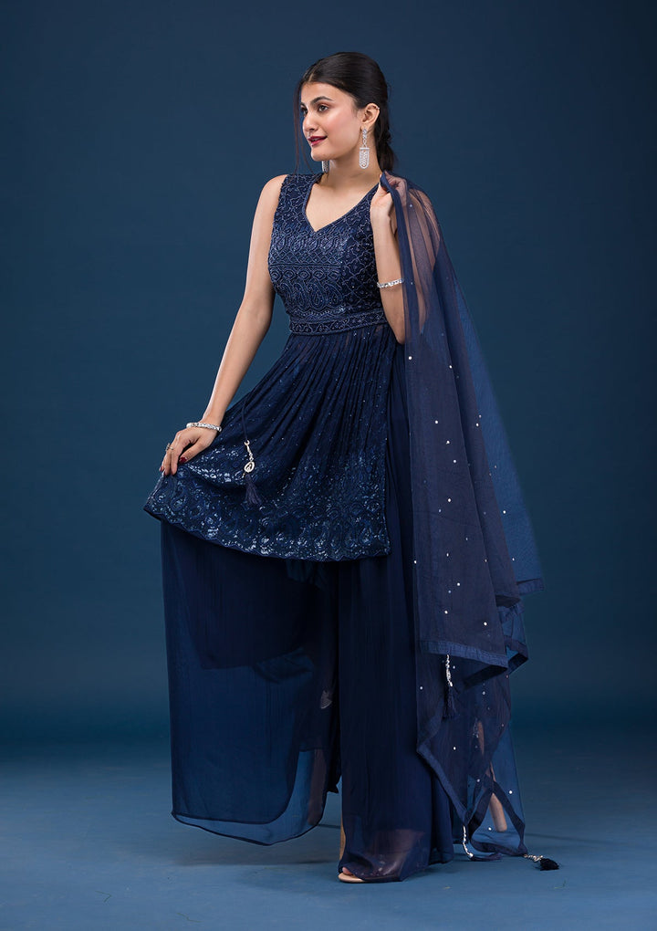 Navy Blue Cutdana Georgette Readymade Salwar Suit-Koskii