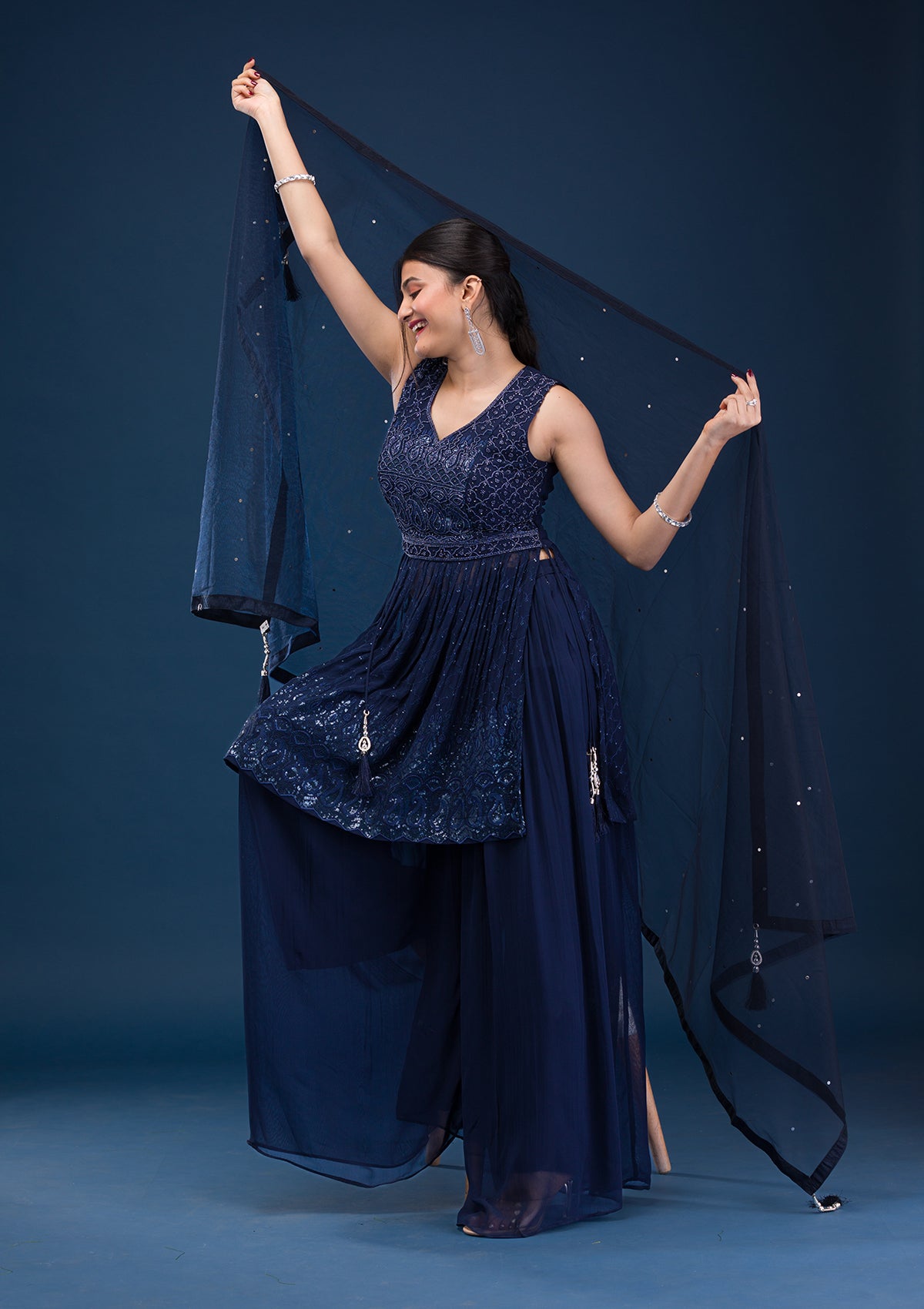 Navy Blue Cutdana Georgette Readymade Salwar Suit-Koskii