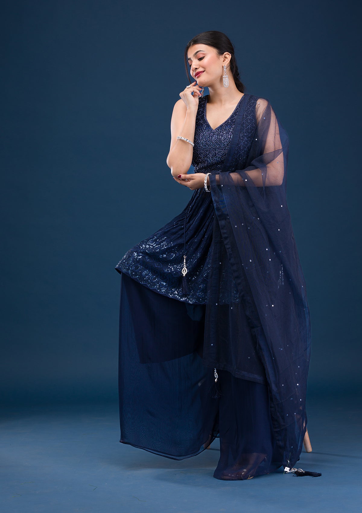 Navy Blue Cutdana Georgette Readymade Salwar Suit-Koskii