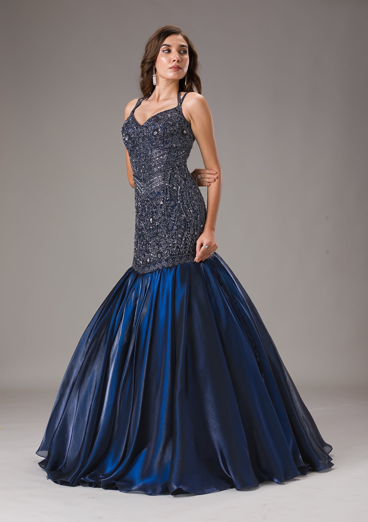 Navy Blue Cutdana Net Gown-Koskii