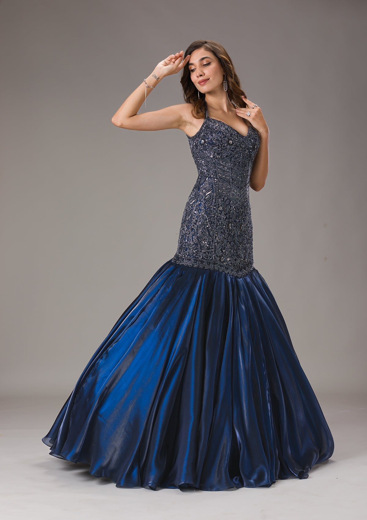 Navy Blue Cutdana Net Gown-Koskii