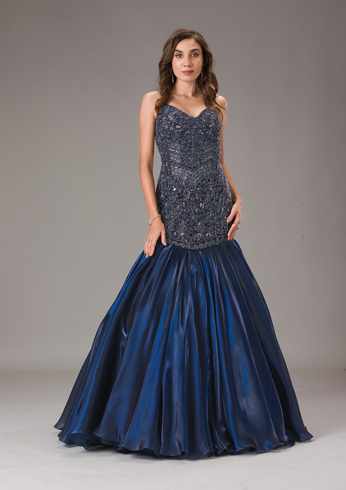 Navy Blue Cutdana Net Gown-Koskii