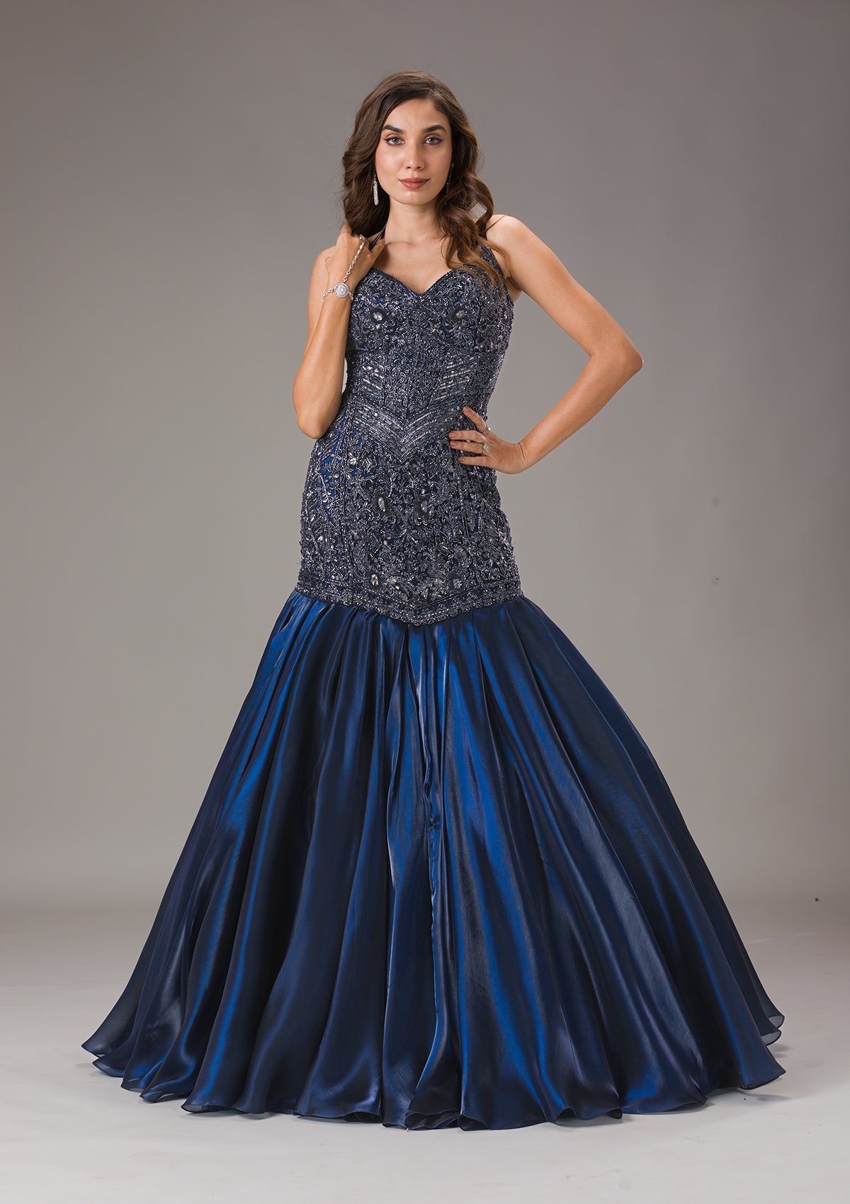 Navy Blue Cutdana Net Gown-Koskii