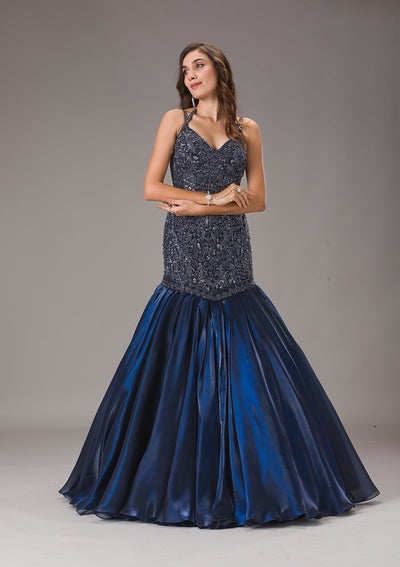 Navy Blue Cutdana Net Gown-Koskii