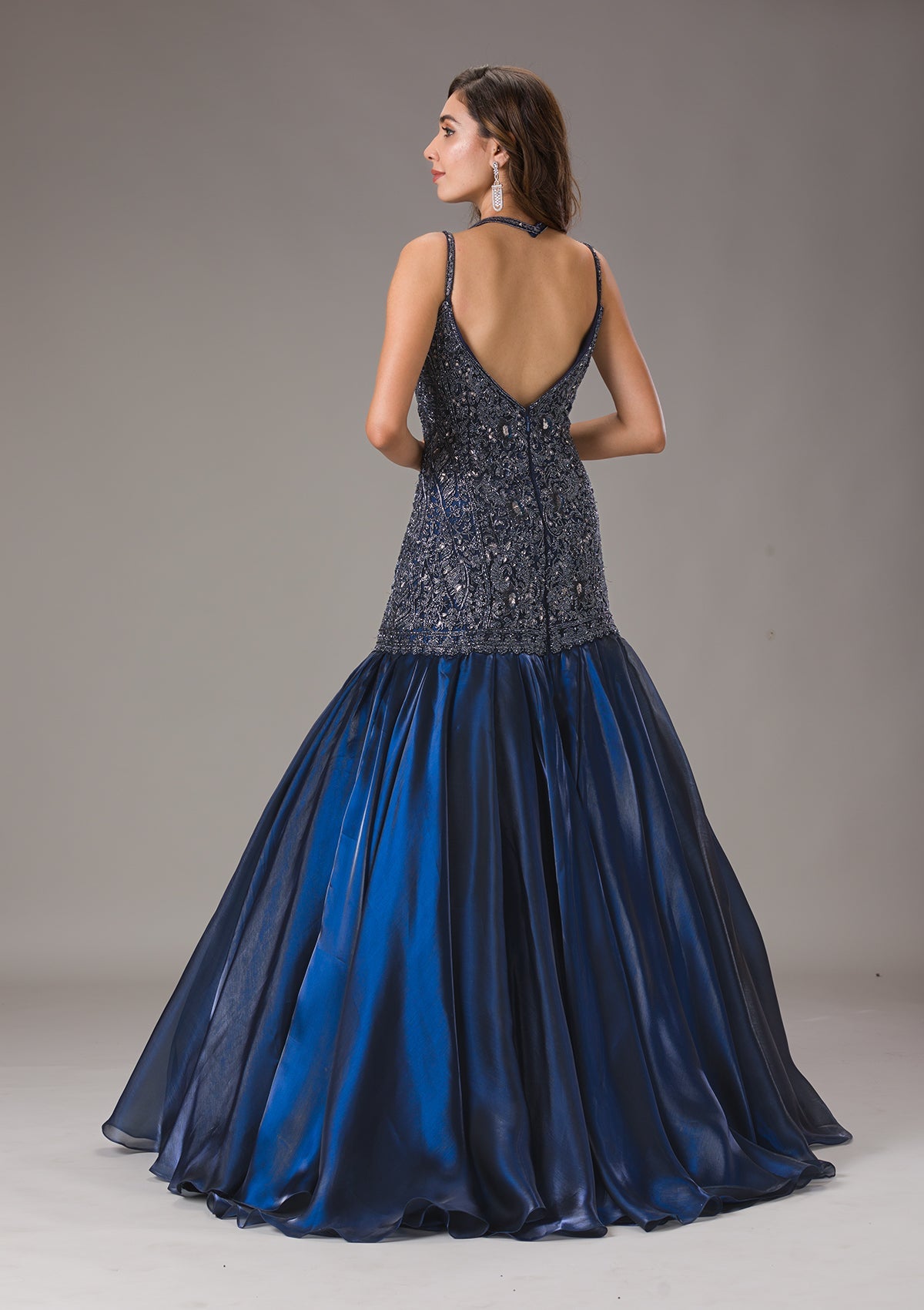 Navy Blue Cutdana Net Gown-Koskii