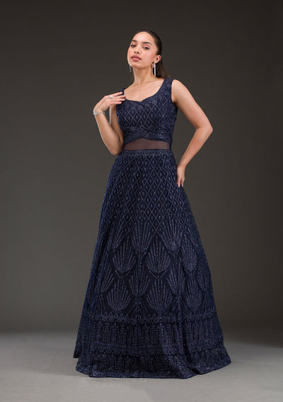 Navy Blue Cutdana Net Gown-Koskii