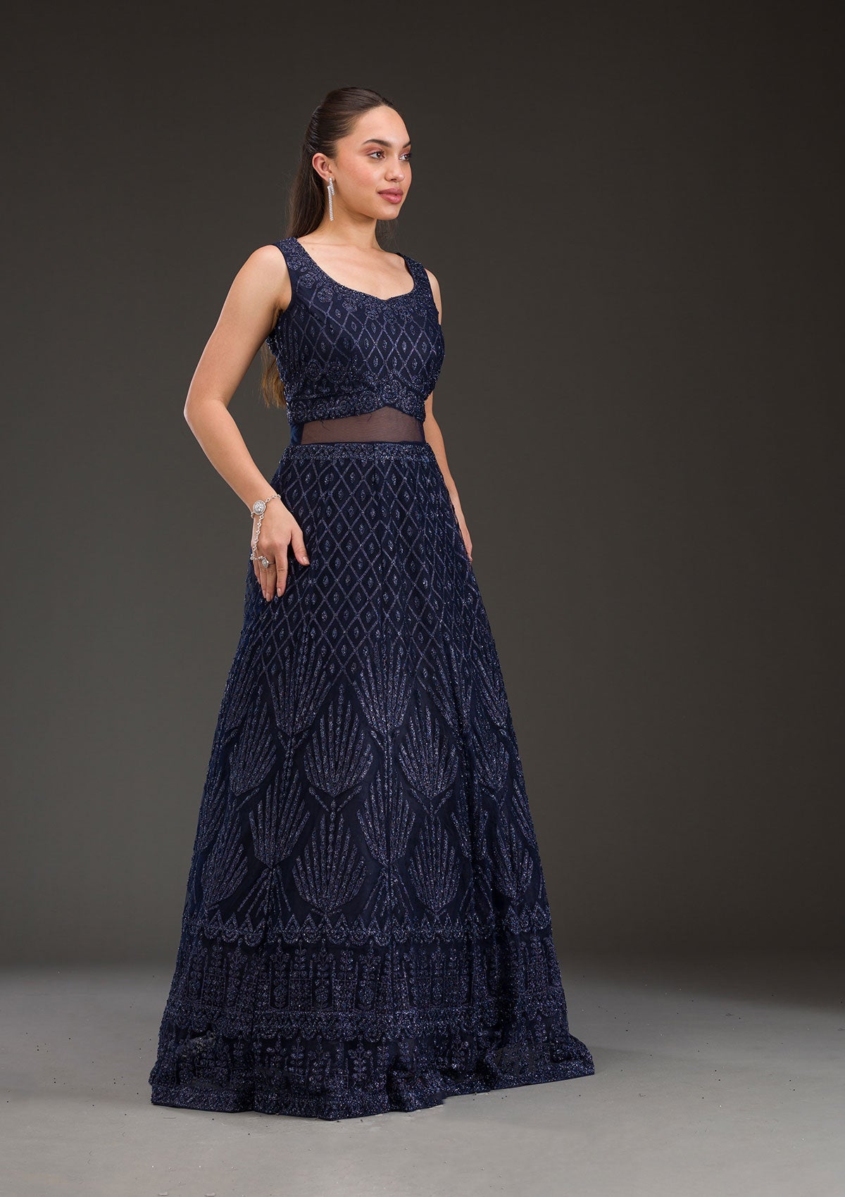 Navy Blue Cutdana Net Gown-Koskii