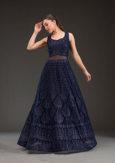 Navy Blue Cutdana Net Gown-Koskii