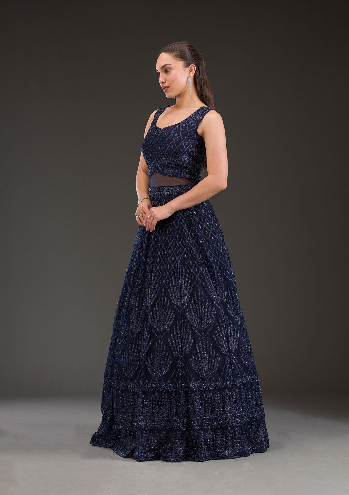 Navy Blue Cutdana Net Gown-Koskii