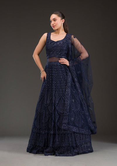 Navy Blue Cutdana Net Gown-Koskii