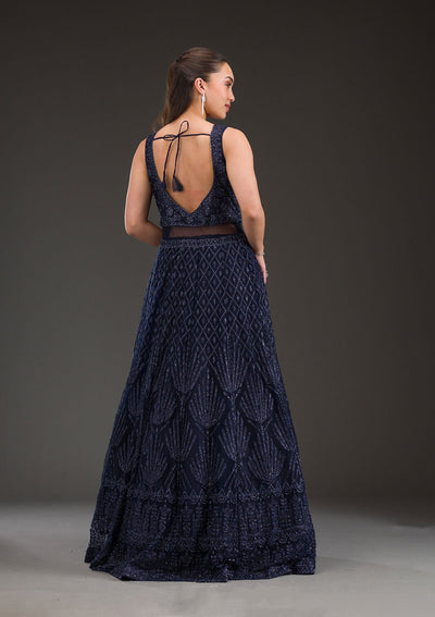 Navy Blue Cutdana Net Gown-Koskii