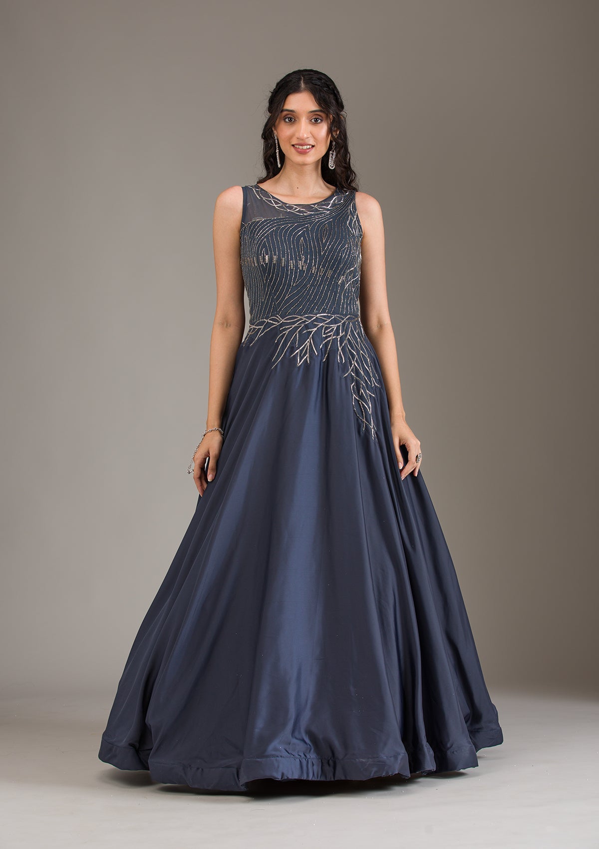 Navy Blue Cutdana Satin Gown-Koskii