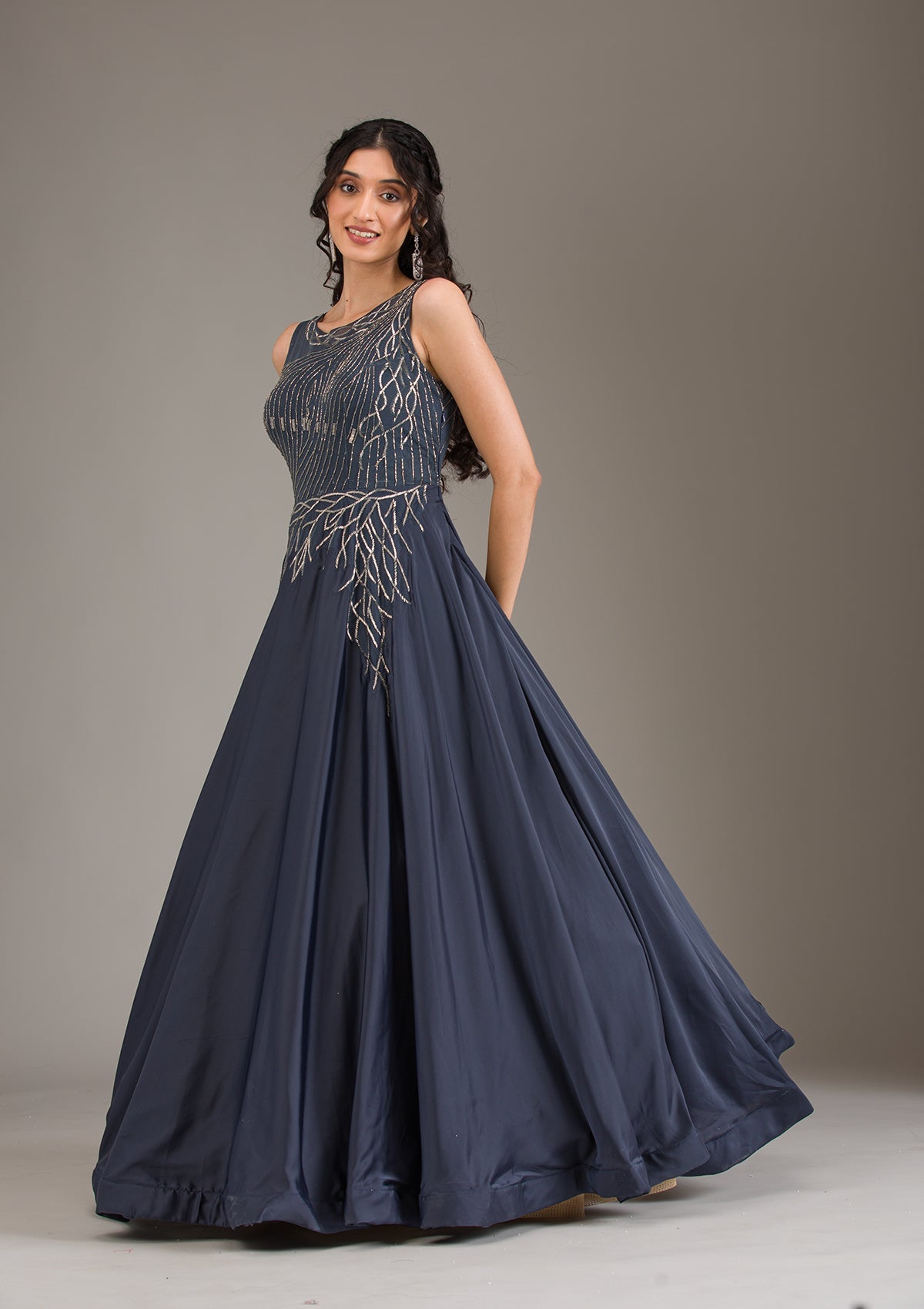 Navy Blue Cutdana Satin Gown-Koskii