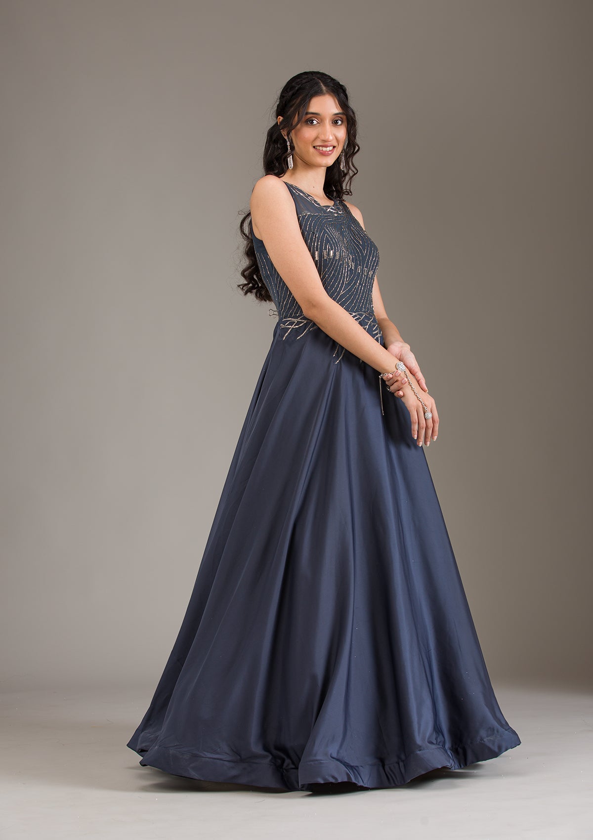 Navy Blue Cutdana Satin Gown-Koskii