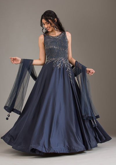 Navy Blue Cutdana Satin Gown-Koskii