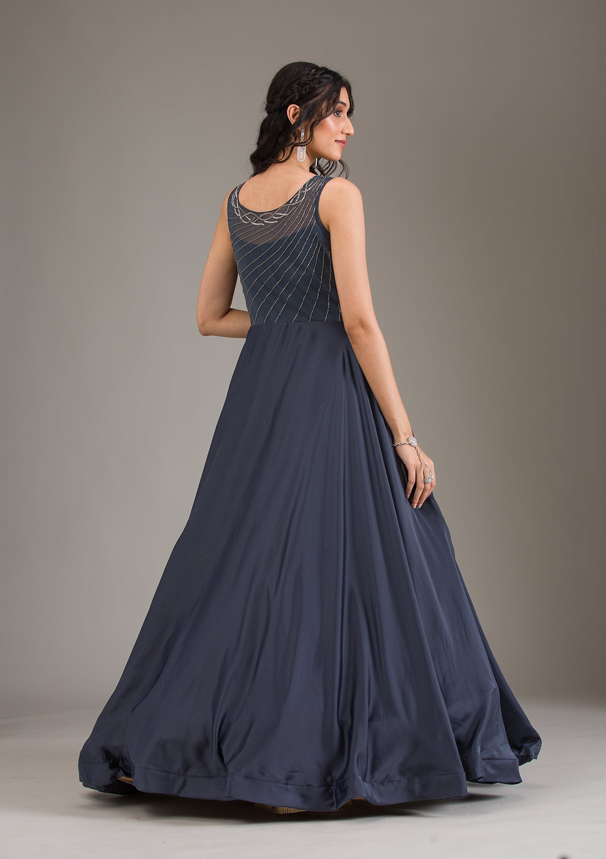 Navy Blue Cutdana Satin Gown-Koskii