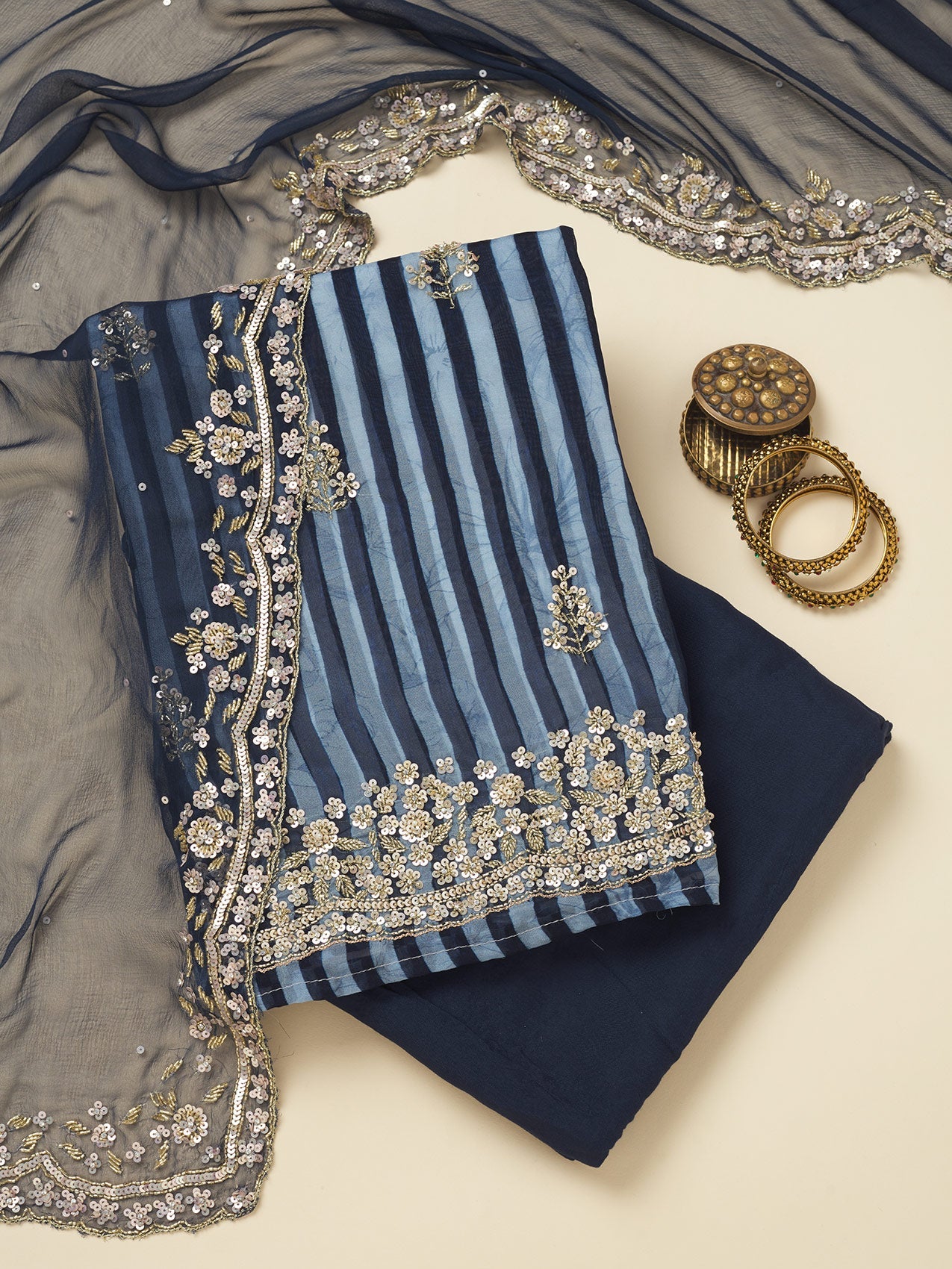 Navy Blue Cutdana Semi Crepe Unstitched Salwar Suit-Koskii