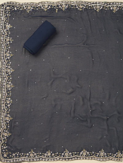 Navy Blue Cutdana Semi Crepe Unstitched Salwar Suit-Koskii