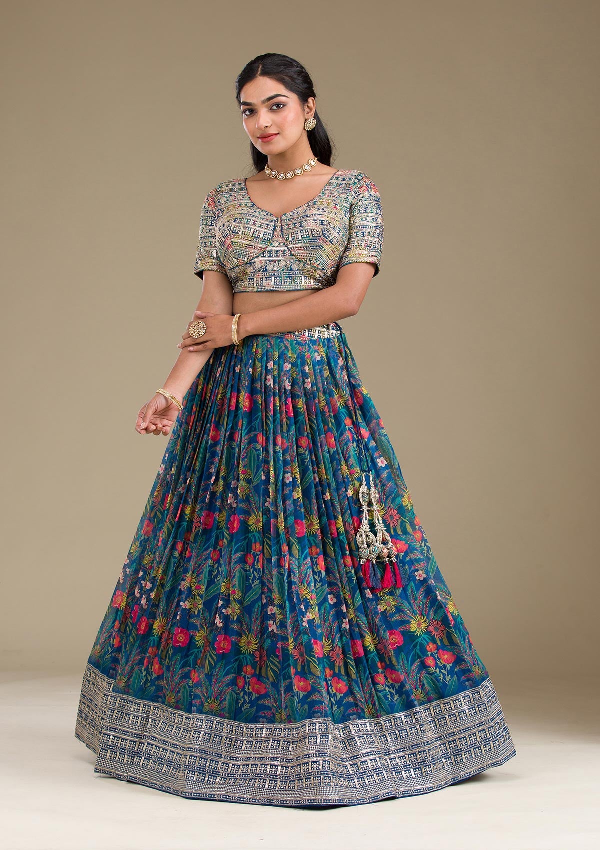 Navy Blue Printed Georgette Readymade Lehenga-Koskii